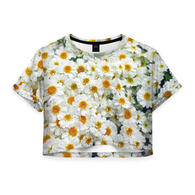 Женская футболка 3D укороченная с принтом Ромашки в Тюмени, 100% полиэстер | круглая горловина, длина футболки до линии талии, рукава с отворотами | букет | зелень | лепестки | природа | растения | ромашки | цветы