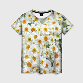 Женская футболка 3D с принтом Ромашки в Тюмени, 100% полиэфир ( синтетическое хлопкоподобное полотно) | прямой крой, круглый вырез горловины, длина до линии бедер | букет | зелень | лепестки | природа | растения | ромашки | цветы
