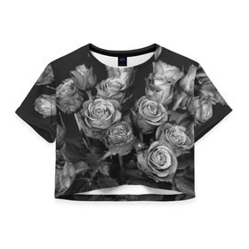 Женская футболка 3D укороченная с принтом Черно-белые розы в Тюмени, 100% полиэстер | круглая горловина, длина футболки до линии талии, рукава с отворотами | букет | цветы