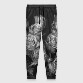 Женские брюки 3D с принтом Черно-белые розы в Тюмени, полиэстер 100% | прямой крой, два кармана без застежек по бокам, с мягкой трикотажной резинкой на поясе и по низу штанин. В поясе для дополнительного комфорта — широкие завязки | Тематика изображения на принте: букет | цветы