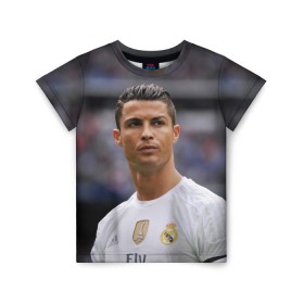 Детская футболка 3D с принтом Cristiano Ronaldo в Тюмени, 100% гипоаллергенный полиэфир | прямой крой, круглый вырез горловины, длина до линии бедер, чуть спущенное плечо, ткань немного тянется | криштиану роналду | реал мадрид