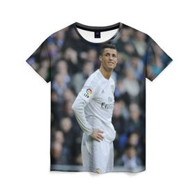 Женская футболка 3D с принтом Cristiano Ronaldo в Тюмени, 100% полиэфир ( синтетическое хлопкоподобное полотно) | прямой крой, круглый вырез горловины, длина до линии бедер | криштиану роналду | реал мадрид