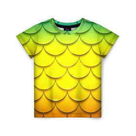Детская футболка 3D с принтом Волны в Тюмени, 100% гипоаллергенный полиэфир | прямой крой, круглый вырез горловины, длина до линии бедер, чуть спущенное плечо, ткань немного тянется | желтый | паттерн | чешуя