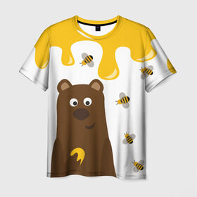 Мужская футболка 3D с принтом Медведь в мёде в Тюмени, 100% полиэфир | прямой крой, круглый вырез горловины, длина до линии бедер | мёд | медведь | миша | пчелы
