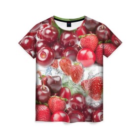 Женская футболка 3D с принтом Ягоды и брызги в Тюмени, 100% полиэфир ( синтетическое хлопкоподобное полотно) | прямой крой, круглый вырез горловины, длина до линии бедер | Тематика изображения на принте: брызги | вишня | вода | клубника | летний | лето | нежный | сочный | ягода