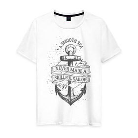 Мужская футболка хлопок с принтом Гладкое море в Тюмени, 100% хлопок | прямой крой, круглый вырез горловины, длина до линии бедер, слегка спущенное плечо. | Тематика изображения на принте: море | моряк | символы | якорь
