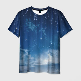 Мужская футболка 3D с принтом Ночное небо и звёзда в Тюмени, 100% полиэфир | прямой крой, круглый вырез горловины, длина до линии бедер | звёзды | небо | ночной | облака | синий