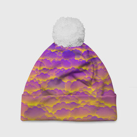 Шапка 3D c помпоном с принтом Фиолетовые облака в Тюмени, 100% полиэстер | универсальный размер, печать по всей поверхности изделия | закат | небо | облака | солнце | тучи
