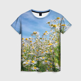 Женская футболка 3D с принтом Ромашковый рай в Тюмени, 100% полиэфир ( синтетическое хлопкоподобное полотно) | прямой крой, круглый вырез горловины, длина до линии бедер | лепестки | небо | прикольные картинки | ромашки | солнце | цветочки | цветы