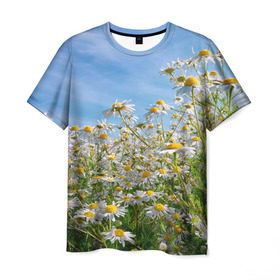 Мужская футболка 3D с принтом Ромашковый рай в Тюмени, 100% полиэфир | прямой крой, круглый вырез горловины, длина до линии бедер | лепестки | небо | прикольные картинки | ромашки | солнце | цветочки | цветы