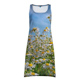 Платье-майка 3D с принтом Ромашковый рай в Тюмени, 100% полиэстер | полуприлегающий силуэт, широкие бретели, круглый вырез горловины, удлиненный подол сзади. | лепестки | небо | прикольные картинки | ромашки | солнце | цветочки | цветы