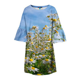 Детское платье 3D с принтом Ромашковый рай в Тюмени, 100% полиэстер | прямой силуэт, чуть расширенный к низу. Круглая горловина, на рукавах — воланы | Тематика изображения на принте: лепестки | небо | прикольные картинки | ромашки | солнце | цветочки | цветы