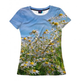 Женская футболка 3D с принтом Ромашковый рай в Тюмени, 100% полиэфир ( синтетическое хлопкоподобное полотно) | прямой крой, круглый вырез горловины, длина до линии бедер | лепестки | небо | прикольные картинки | ромашки | солнце | цветочки | цветы