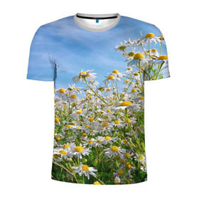 Мужская футболка 3D спортивная с принтом Ромашковый рай в Тюмени, 100% полиэстер с улучшенными характеристиками | приталенный силуэт, круглая горловина, широкие плечи, сужается к линии бедра | лепестки | небо | прикольные картинки | ромашки | солнце | цветочки | цветы