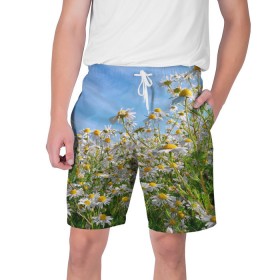 Мужские шорты 3D с принтом Ромашковый рай в Тюмени,  полиэстер 100% | прямой крой, два кармана без застежек по бокам. Мягкая трикотажная резинка на поясе, внутри которой широкие завязки. Длина чуть выше колен | лепестки | небо | прикольные картинки | ромашки | солнце | цветочки | цветы