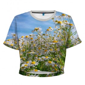 Женская футболка 3D укороченная с принтом Ромашковый рай в Тюмени, 100% полиэстер | круглая горловина, длина футболки до линии талии, рукава с отворотами | лепестки | небо | прикольные картинки | ромашки | солнце | цветочки | цветы