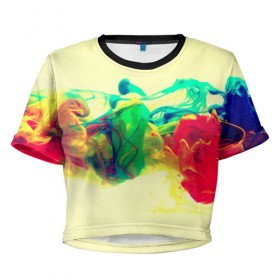 Женская футболка 3D укороченная с принтом Яркие краски в Тюмени, 100% полиэстер | круглая горловина, длина футболки до линии талии, рукава с отворотами | разноцветные