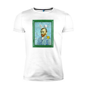 Мужская футболка премиум с принтом Детство Ван Гога в Тюмени, 92% хлопок, 8% лайкра | приталенный силуэт, круглый вырез ворота, длина до линии бедра, короткий рукав | автопортрет | ван гог | детство | зайчик | зелёный | личность | портрет | рама | рамка | синий | уточка | ушки