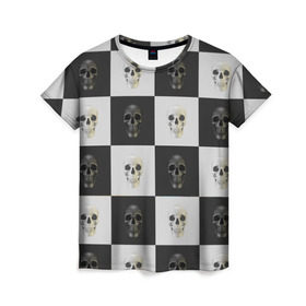 Женская футболка 3D с принтом Skullchess в Тюмени, 100% полиэфир ( синтетическое хлопкоподобное полотно) | прямой крой, круглый вырез горловины, длина до линии бедер | хелоуин | череп | черное и белое | шахматы