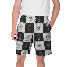 Мужские шорты 3D с принтом Skullchess в Тюмени,  полиэстер 100% | прямой крой, два кармана без застежек по бокам. Мягкая трикотажная резинка на поясе, внутри которой широкие завязки. Длина чуть выше колен | хелоуин | череп | черное и белое | шахматы
