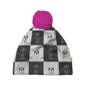 Шапка 3D c помпоном с принтом Skullchess в Тюмени, 100% полиэстер | универсальный размер, печать по всей поверхности изделия | хелоуин | череп | черное и белое | шахматы