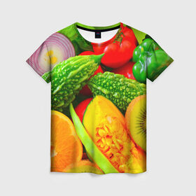 Женская футболка 3D с принтом Овощи в Тюмени, 100% полиэфир ( синтетическое хлопкоподобное полотно) | прямой крой, круглый вырез горловины, длина до линии бедер | апельсин | диета | киви | лук | овощ | огурец | помидор