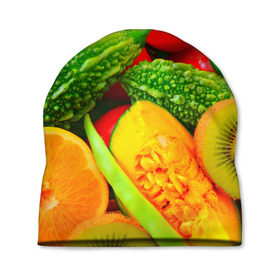 Шапка 3D с принтом Овощи в Тюмени, 100% полиэстер | универсальный размер, печать по всей поверхности изделия | Тематика изображения на принте: апельсин | диета | киви | лук | овощ | огурец | помидор