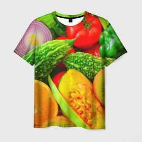 Мужская футболка 3D с принтом Овощи в Тюмени, 100% полиэфир | прямой крой, круглый вырез горловины, длина до линии бедер | Тематика изображения на принте: апельсин | диета | киви | лук | овощ | огурец | помидор