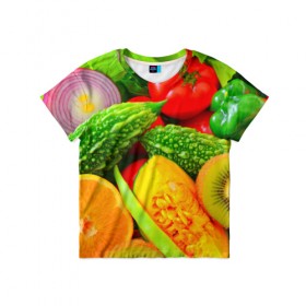 Детская футболка 3D с принтом Овощи в Тюмени, 100% гипоаллергенный полиэфир | прямой крой, круглый вырез горловины, длина до линии бедер, чуть спущенное плечо, ткань немного тянется | Тематика изображения на принте: апельсин | диета | киви | лук | овощ | огурец | помидор