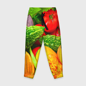 Детские брюки 3D с принтом Овощи в Тюмени, 100% полиэстер | манжеты по низу, эластичный пояс регулируется шнурком, по бокам два кармана без застежек, внутренняя часть кармана из мелкой сетки | апельсин | диета | киви | лук | овощ | огурец | помидор