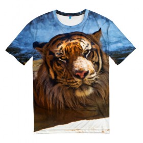 Мужская футболка 3D с принтом Тигр в Тюмени, 100% полиэфир | прямой крой, круглый вырез горловины, длина до линии бедер | вода | дикая кошка | природа | тигр | хищник