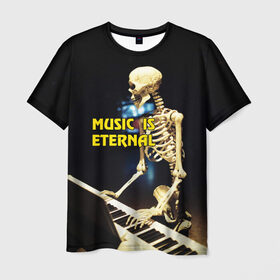 Мужская футболка 3D с принтом Музыка вечна 3 в Тюмени, 100% полиэфир | прямой крой, круглый вырез горловины, длина до линии бедер | мелодия. клавиши | музыка | музыкальный инструмент | скелет