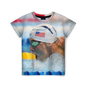 Детская футболка 3D с принтом Майкл Фелпс в Тюмени, 100% гипоаллергенный полиэфир | прямой крой, круглый вырез горловины, длина до линии бедер, чуть спущенное плечо, ткань немного тянется | swimming | бассейн | олимпиада | плавание | пловец | рио | фелпс