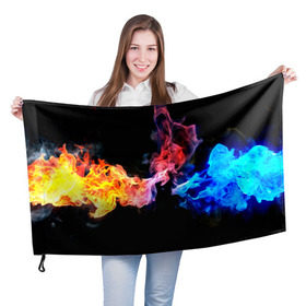 Флаг 3D с принтом Битва огней в Тюмени, 100% полиэстер | плотность ткани — 95 г/м2, размер — 67 х 109 см. Принт наносится с одной стороны | красный | огонь | синий