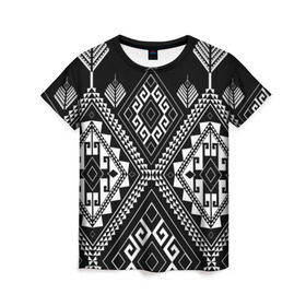 Женская футболка 3D с принтом Индейские мотивы в Тюмени, 100% полиэфир ( синтетическое хлопкоподобное полотно) | прямой крой, круглый вырез горловины, длина до линии бедер | вышивка | орнамент | свитер | черно белый