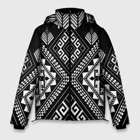 Мужская зимняя куртка 3D с принтом Индейские мотивы в Тюмени, верх — 100% полиэстер; подкладка — 100% полиэстер; утеплитель — 100% полиэстер | длина ниже бедра, свободный силуэт Оверсайз. Есть воротник-стойка, отстегивающийся капюшон и ветрозащитная планка. 

Боковые карманы с листочкой на кнопках и внутренний карман на молнии. | Тематика изображения на принте: вышивка | орнамент | свитер | черно белый
