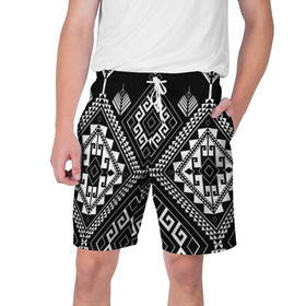 Мужские шорты 3D с принтом Индейские мотивы в Тюмени,  полиэстер 100% | прямой крой, два кармана без застежек по бокам. Мягкая трикотажная резинка на поясе, внутри которой широкие завязки. Длина чуть выше колен | вышивка | орнамент | свитер | черно белый