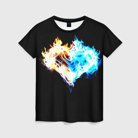 Женская футболка 3D с принтом Огненное сердце в Тюмени, 100% полиэфир ( синтетическое хлопкоподобное полотно) | прямой крой, круглый вырез горловины, длина до линии бедер | огонь