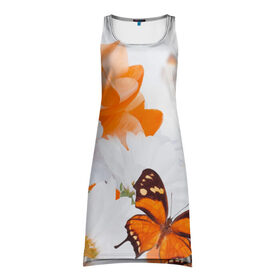 Платье-майка 3D с принтом Оранж в Тюмени, 100% полиэстер | полуприлегающий силуэт, широкие бретели, круглый вырез горловины, удлиненный подол сзади. | бабочки | лепестки | оранжевый | цветочки | цветы