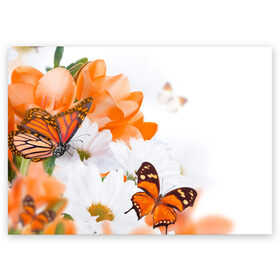 Поздравительная открытка с принтом Оранж в Тюмени, 100% бумага | плотность бумаги 280 г/м2, матовая, на обратной стороне линовка и место для марки
 | бабочки | лепестки | оранжевый | цветочки | цветы