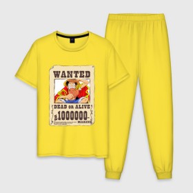 Мужская пижама хлопок с принтом Wanted Luffy в Тюмени, 100% хлопок | брюки и футболка прямого кроя, без карманов, на брюках мягкая резинка на поясе и по низу штанин
 | ван пис | луффи | разыскивается
