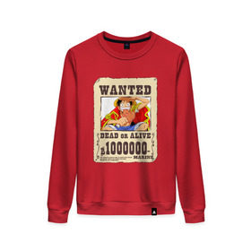 Женский свитшот хлопок с принтом Wanted Luffy в Тюмени, 100% хлопок | прямой крой, круглый вырез, на манжетах и по низу широкая трикотажная резинка  | ван пис | луффи | разыскивается