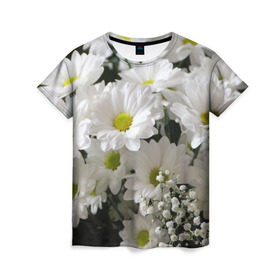 Женская футболка 3D с принтом Белоснежное цветение в Тюмени, 100% полиэфир ( синтетическое хлопкоподобное полотно) | прямой крой, круглый вырез горловины, длина до линии бедер | Тематика изображения на принте: ландыши | лепестки | прикольные картинки | ромашки | цветочки | цветы