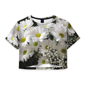 Женская футболка 3D укороченная с принтом Белоснежное цветение в Тюмени, 100% полиэстер | круглая горловина, длина футболки до линии талии, рукава с отворотами | ландыши | лепестки | прикольные картинки | ромашки | цветочки | цветы