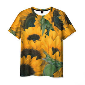 Мужская футболка 3D с принтом Подсолнухи в Тюмени, 100% полиэфир | прямой крой, круглый вырез горловины, длина до линии бедер | Тематика изображения на принте: желтый | зеленый | лето | подсолнухи | цветы | черный