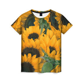 Женская футболка 3D с принтом Подсолнухи в Тюмени, 100% полиэфир ( синтетическое хлопкоподобное полотно) | прямой крой, круглый вырез горловины, длина до линии бедер | желтый | зеленый | лето | подсолнухи | цветы | черный