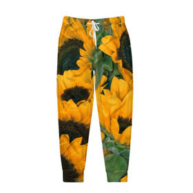 Мужские брюки 3D с принтом Подсолнухи в Тюмени, 100% полиэстер | манжеты по низу, эластичный пояс регулируется шнурком, по бокам два кармана без застежек, внутренняя часть кармана из мелкой сетки | желтый | зеленый | лето | подсолнухи | цветы | черный
