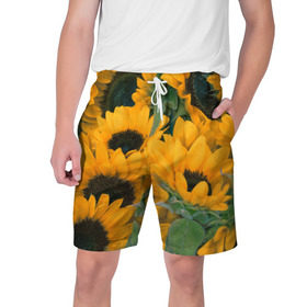 Мужские шорты 3D с принтом Подсолнухи в Тюмени,  полиэстер 100% | прямой крой, два кармана без застежек по бокам. Мягкая трикотажная резинка на поясе, внутри которой широкие завязки. Длина чуть выше колен | желтый | зеленый | лето | подсолнухи | цветы | черный