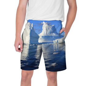 Мужские шорты 3D с принтом Айсберг в Тюмени,  полиэстер 100% | прямой крой, два кармана без застежек по бокам. Мягкая трикотажная резинка на поясе, внутри которой широкие завязки. Длина чуть выше колен | айсберг | антаркида | арктика | вода | лёд | океан | отражение | север | солнце | холод