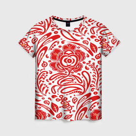 Женская футболка 3D с принтом Хохлома в Тюмени, 100% полиэфир ( синтетическое хлопкоподобное полотно) | прямой крой, круглый вырез горловины, длина до линии бедер | белый | красный | орнамент | растительный